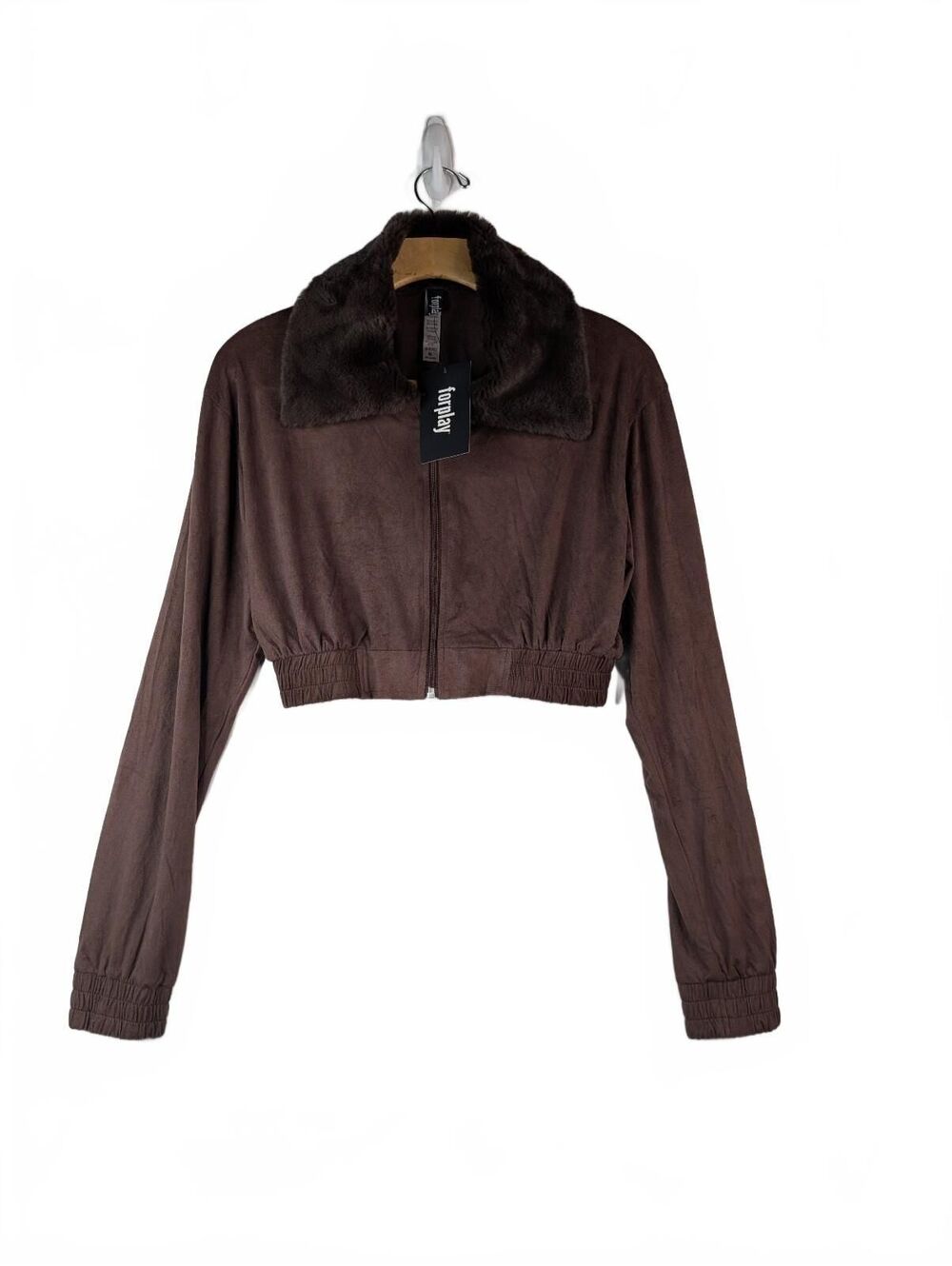 NWT Forplay Cropped Faux Suede Bomber Jacket with Faux Fur Collar M/L